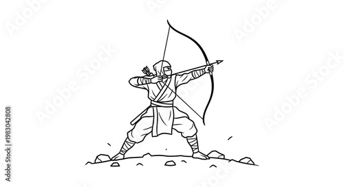Ninja Archer Aiming Bow and Arrow on Rocky Ground