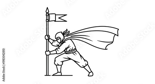 Ninja Warrior with Flag, Dynamic Pose, Martial Arts Hero, Action Silhouette