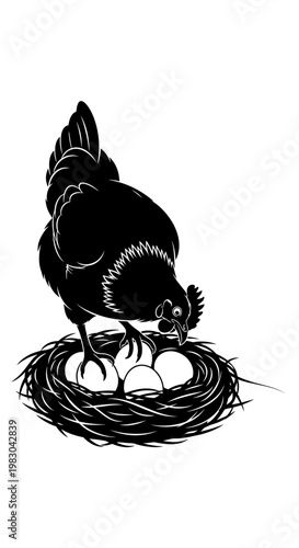 Black silhouette of a hen sitting on a nest with eggs.