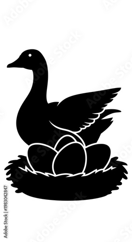Black silhouette of a goose sitting on a nest with eggs, a classic symbol of nature and new life.