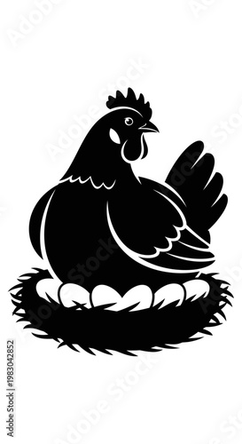 Black Silhouette of a Hen Sitting on Eggs in a Nest.