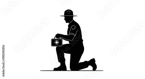 Paramedic Kneeling with First Aid Kit Silhouette