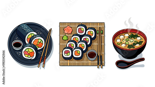 Variety of sushi and rolls served.