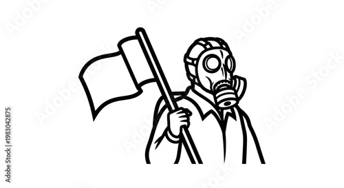 Person in gas mask holding a white flag, symbolizing surrender or protest against pollution