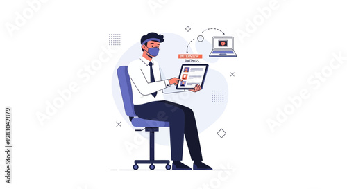 Man in mask conducts online interview on tablet, laptop connection