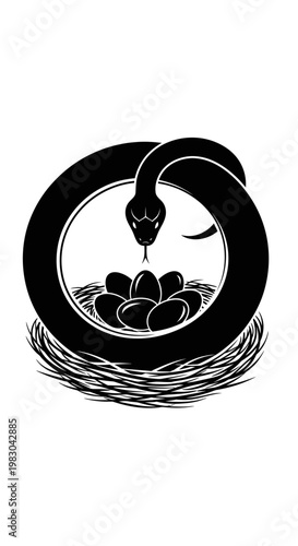 Black Snake Protecting Nest Of Eggs In Circular Design.