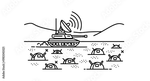 Robotic army tank with satellite dish advancing through a field of robotic heads