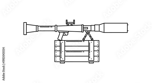 Rocket Launcher on Wooden Crate, Military Weapon, Line Art Illustration
