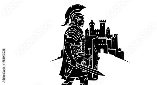 Roman Soldier with Sword and Shield in front of Castle - Black and White Silhouette