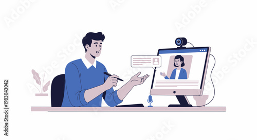 Man in video call with woman, online meeting, remote work, communication concept