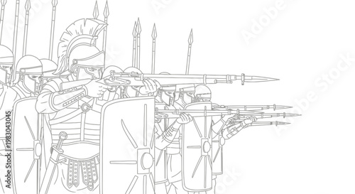 Roman soldiers in formation, holding spears and shields, ready for battle.