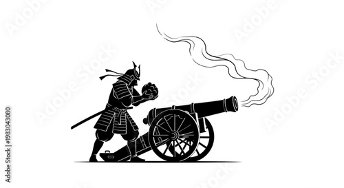 Samurai Warrior Firing an Antique Cannon in Black and White