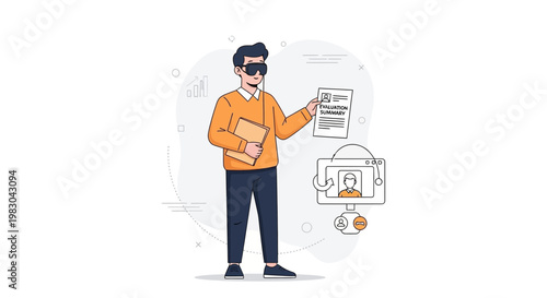 Man in VR headset holding resume and laptop, virtual interview concept