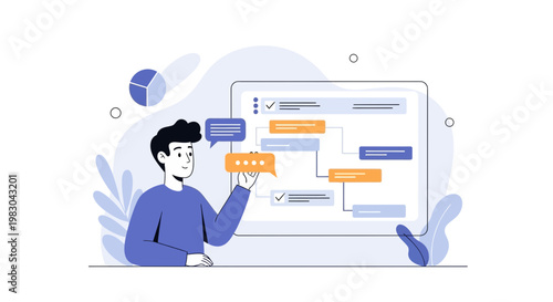 Man interacting with digital flowchart on tablet, business process visualization, strategy planning