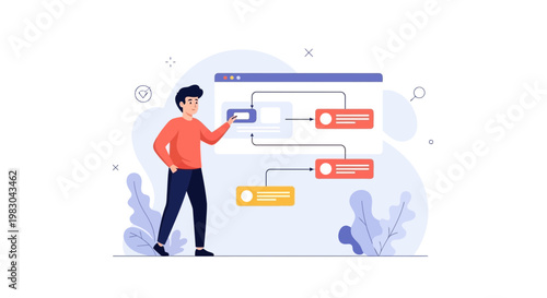 Man interacting with flowchart on a digital screen, business process visualization