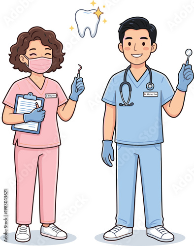 Dentist and dental hygienist holding toothbrushes and floss, cheerful healthcare team, flat design vector illustration
