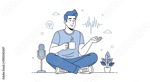 Man meditating with coffee, podcasting microphone, and sound wave illustration