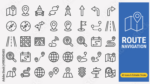 Route web icons in line style. Navigation,  collection, location, route map, traffic, pin. Editable stroke. Vector illustration.
