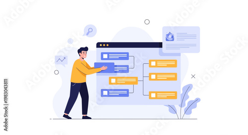 Man organizing flowchart on digital screen, business process management, workflow optimization