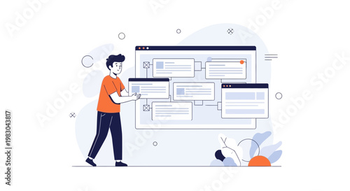 Man organizing digital workflow on a computer screen, business process visualization