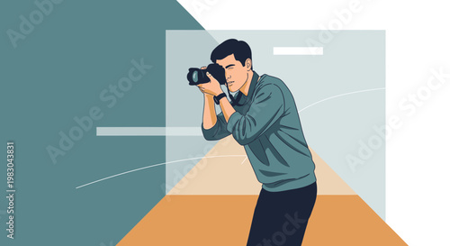 Man photographer taking photo with DSLR camera, illustration, creative concept