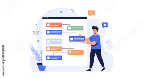 Man organizing flowchart on screen, business process management, workflow planning illustration