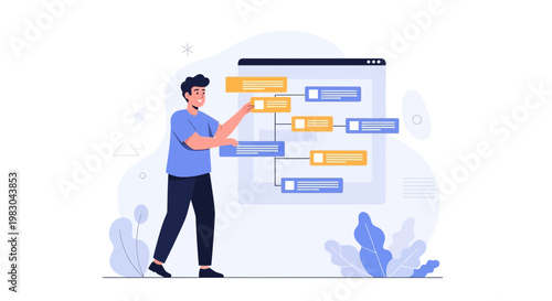Man organizing flowchart on screen, business process, project management, strategy planning