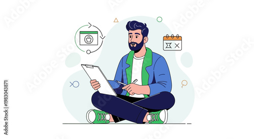 Man planning and organizing tasks with calendar and workflow icons, flat design