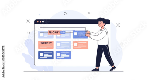 Man Organizing Priority Tasks on a Digital Board, Project Management Concept