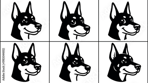 Black and white line art smiling dog head multiple angles set