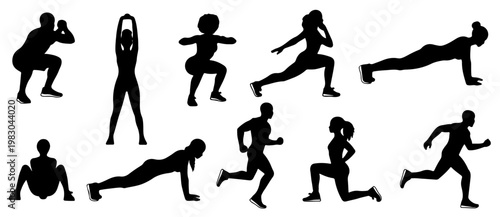 Fitness Workout Silhouette Set – Men and Women Exercise, Running, Squat, Push Up Icons