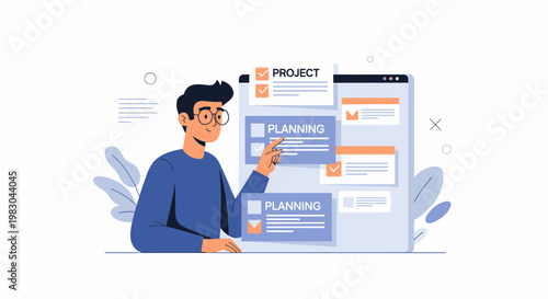 Man planning project tasks on digital board, project management concept