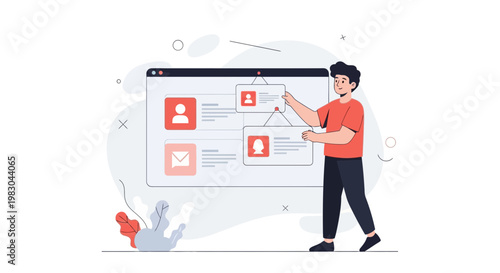 Man organizing user profiles on a digital interface, teamwork and data management concept