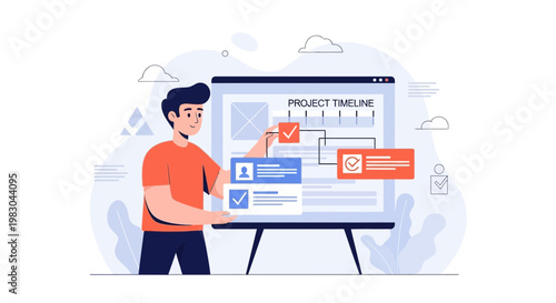 Man planning project timeline on whiteboard, project management and strategy concept