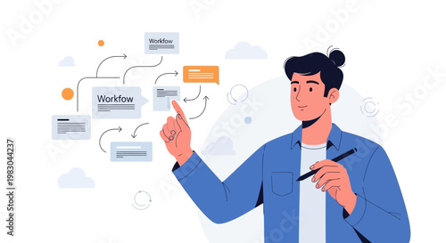 Man planning workflow, business process, strategy, project management, digital transformation