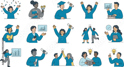 Diverse graduates celebrating success with diplomas and business achievements, flat vector illustration