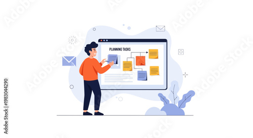 Man planning tasks on a digital board, project management and strategy concept