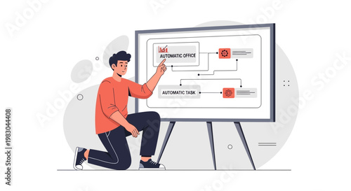 Man pointing at flowchart on whiteboard, business process automation concept