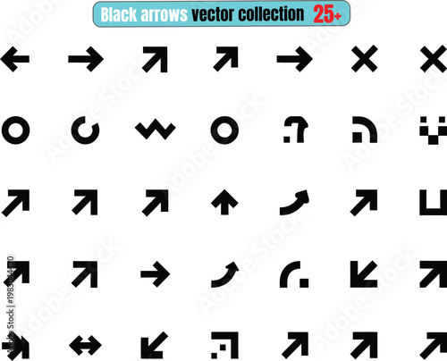 Collection of diverse black arrow symbols and icons representing direction and navigation on a clean white background vector icon set