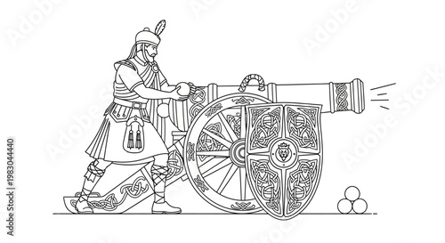 Scottish Highlander Firing an Ancient Cannon with Celtic Design