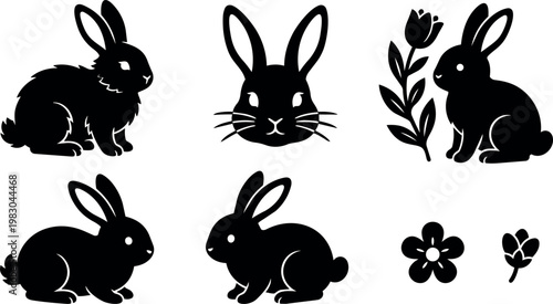 Black silhouette rabbits with flowers vector line art set