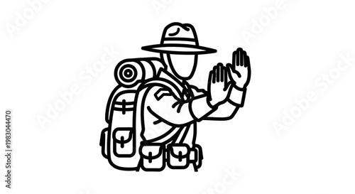 Scout hiker with backpack, hat, and raised hands, symbolizing welcome or greeting