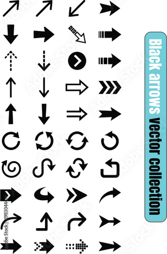 Diverse collection of black arrow icons pointing in various directions and representing different actions and movements vector icon set