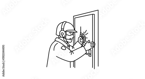 Security guard with radio at door, surveillance, communication, access control