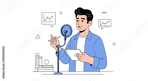Man Podcaster Recording Audio with Microphone and Tablet, Business Growth Charts