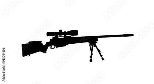 Silhouette of a Sniper Rifle with Scope and Bipod on White Background