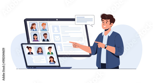 Man pointing at online meeting on laptop and tablet, remote work concept