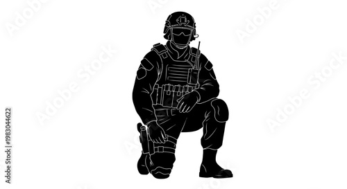 Silhouette of a soldier kneeling in tactical gear, ready for action, military concept