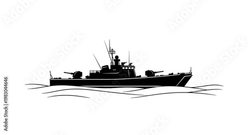 Silhouette of a Warship on Wavy Sea, Military Naval Vessel with Guns