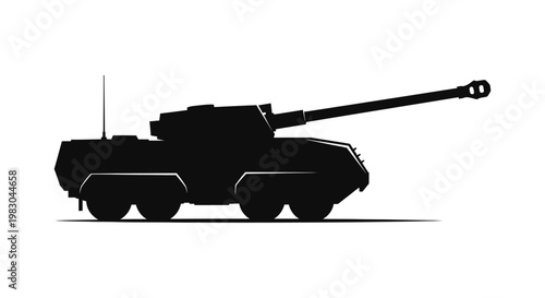Silhouette of a wheeled tank with a long cannon, military vehicle illustration